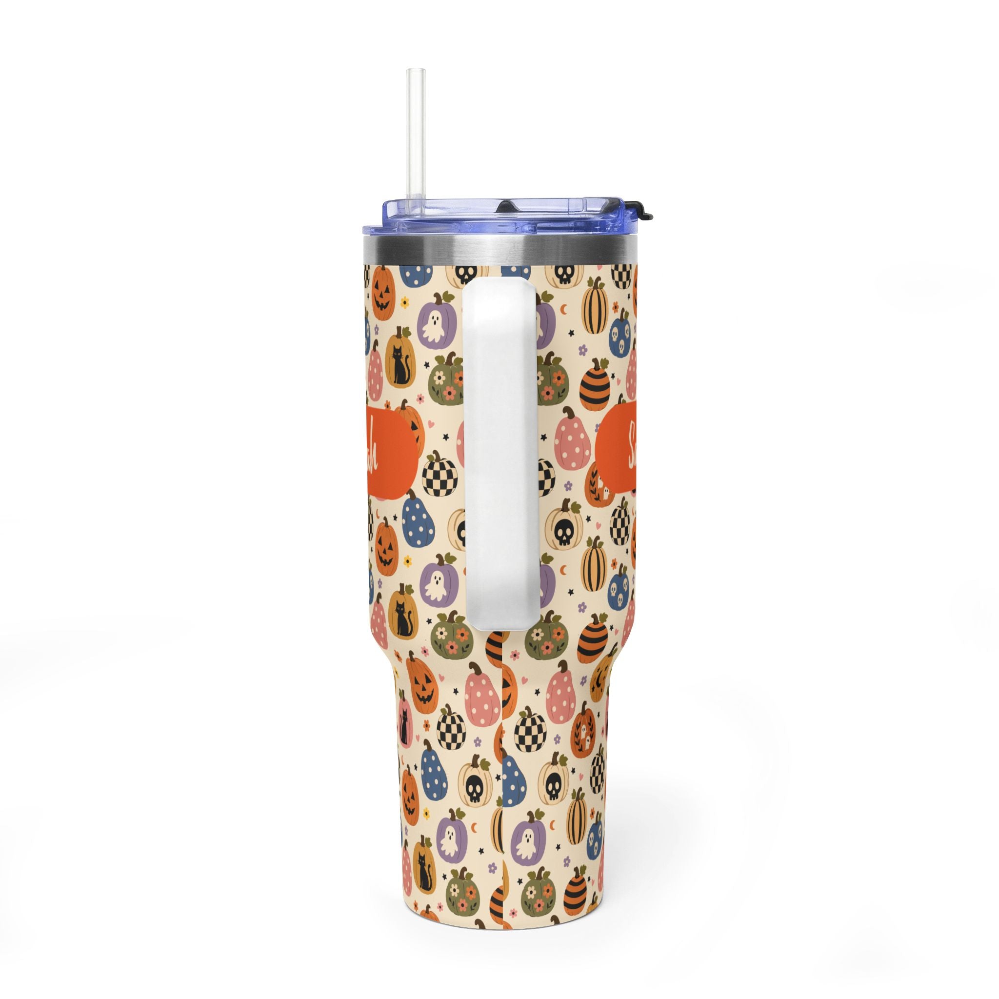 Personalized 40oz Tumbler with Handle - Halloween Pumpkin Custom Name