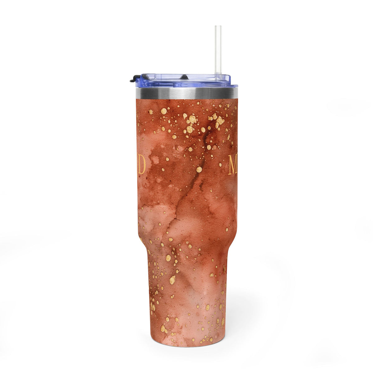 Personalized 40oz tumbler with rust marble design and gold flecks, custom initials