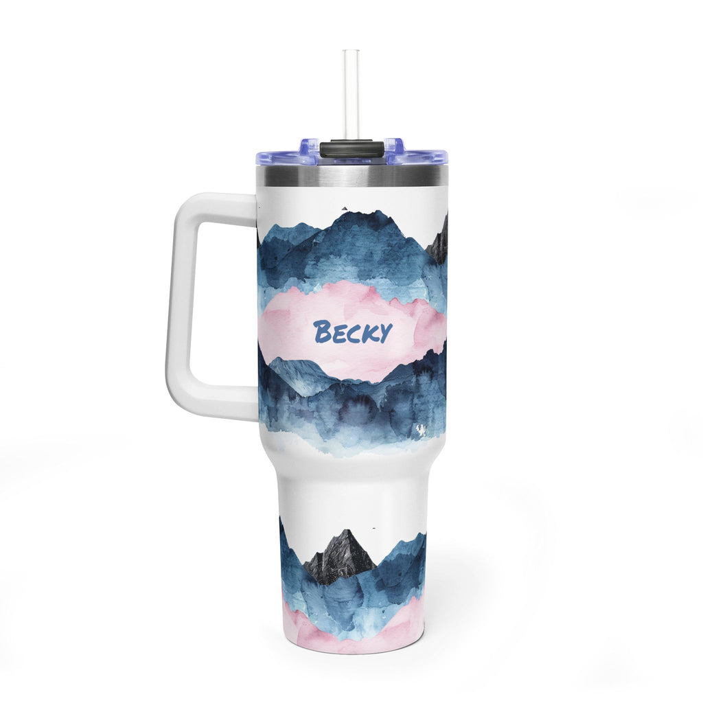 Personalized 40oz Tumbler with Handle - Blue Pink Mountain Custom Name