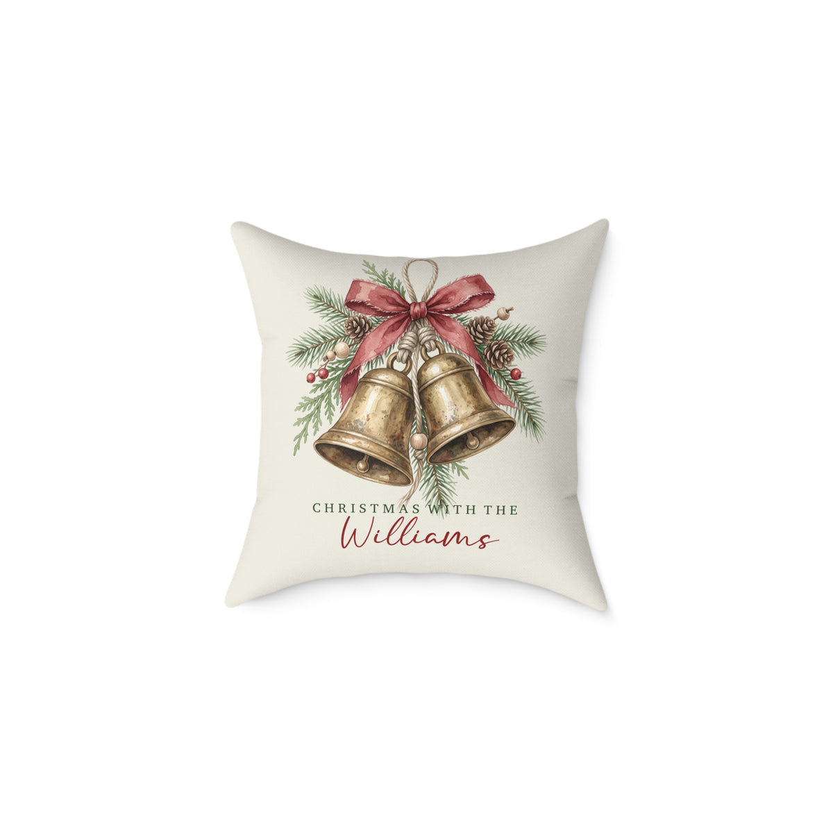 Personalized brass bells family name Christmas pillow, product photo