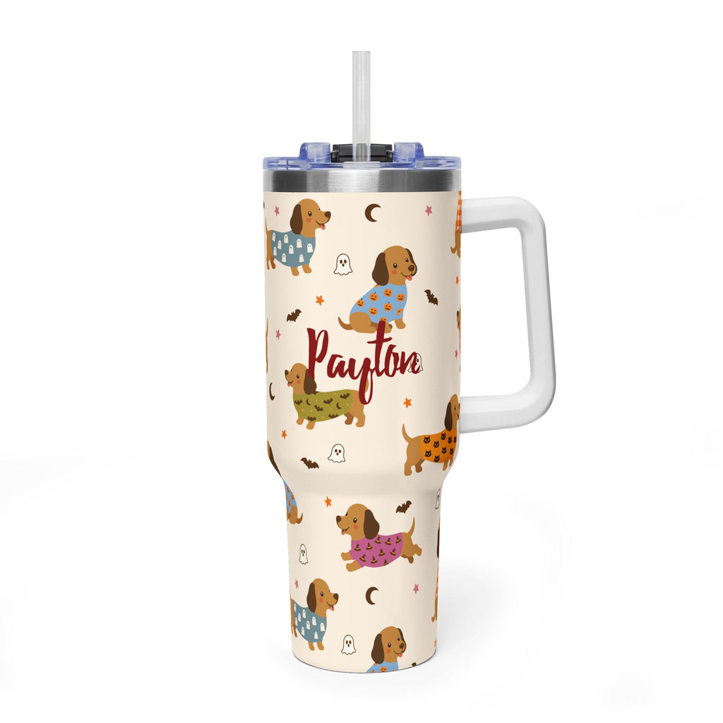 Personalized 40oz Tumbler with Handle - Halloween Dachshund Custom Name