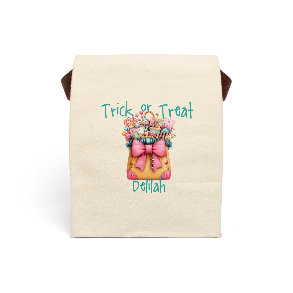 Personalized Trick or Treat Candy Tote Canvas Lunch Bag - Teal Bow