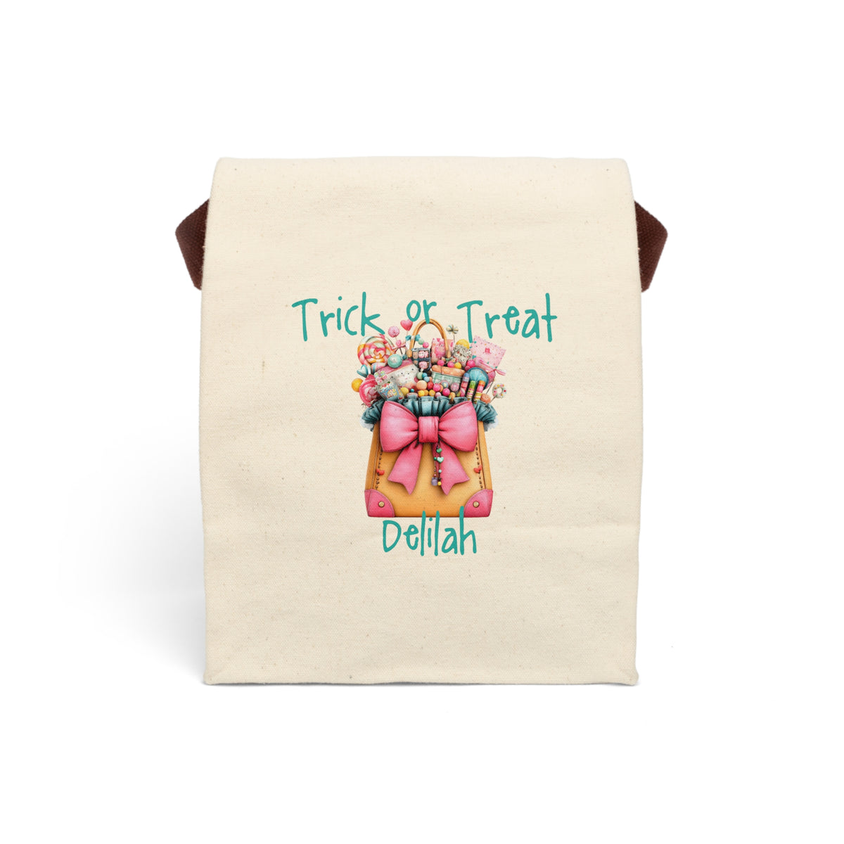 Personalized Trick or Treat Candy Tote Canvas Lunch Bag - Teal Bow
