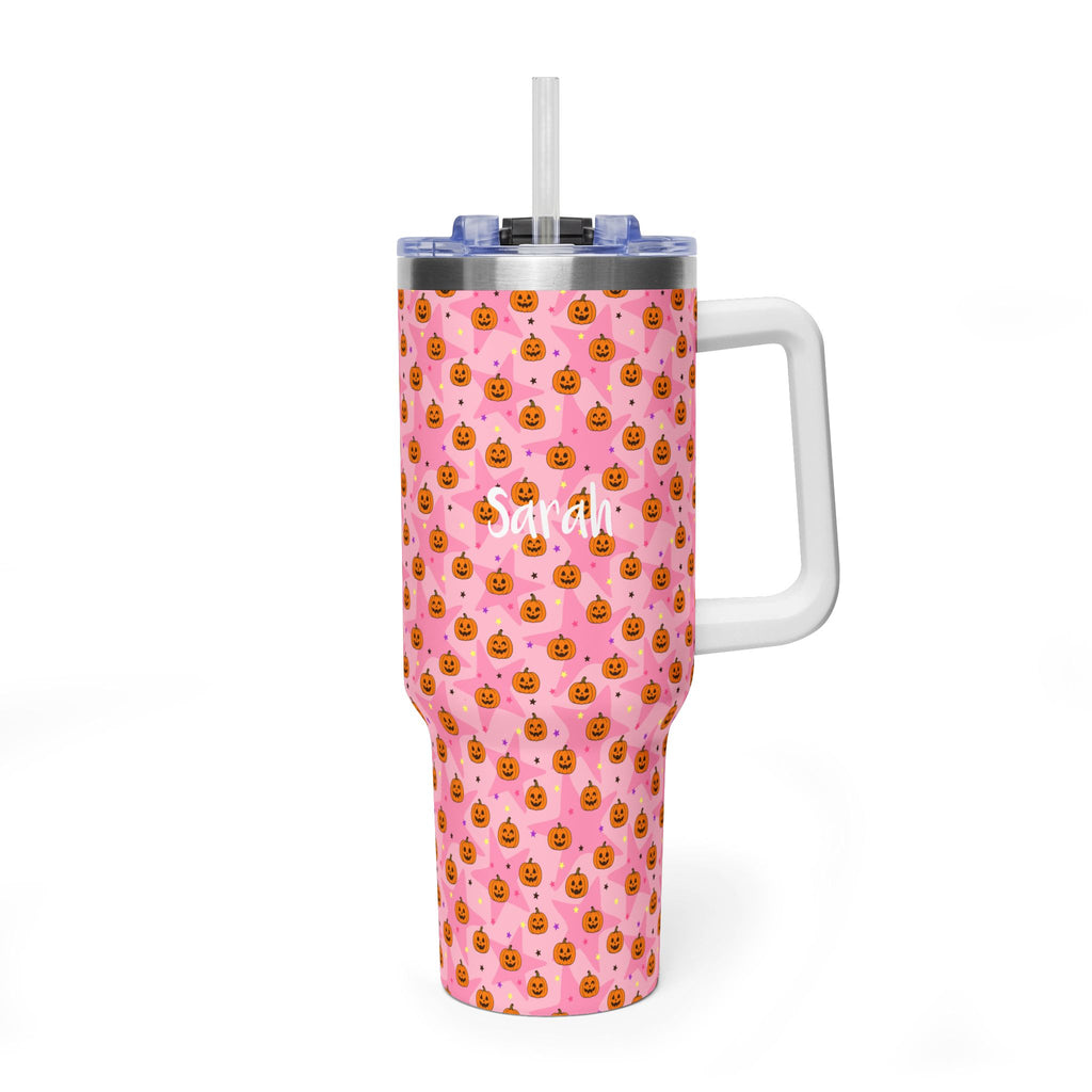 Personalized 40oz Tumbler with Handle - Pink Halloween Pumpkin Custom Name