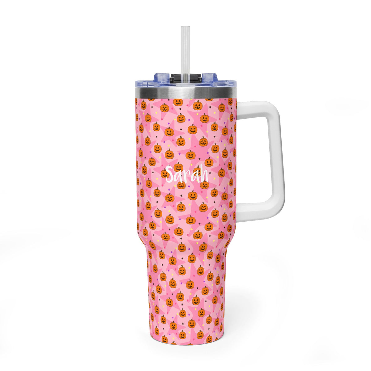 Personalized 40oz Tumbler with Handle - Pink Halloween Pumpkin Custom Name