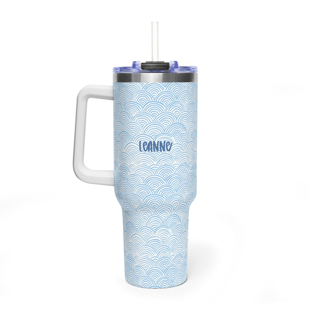 Personalized 40oz Tumbler with Handle - Blue Scallop Wave Custom Name
