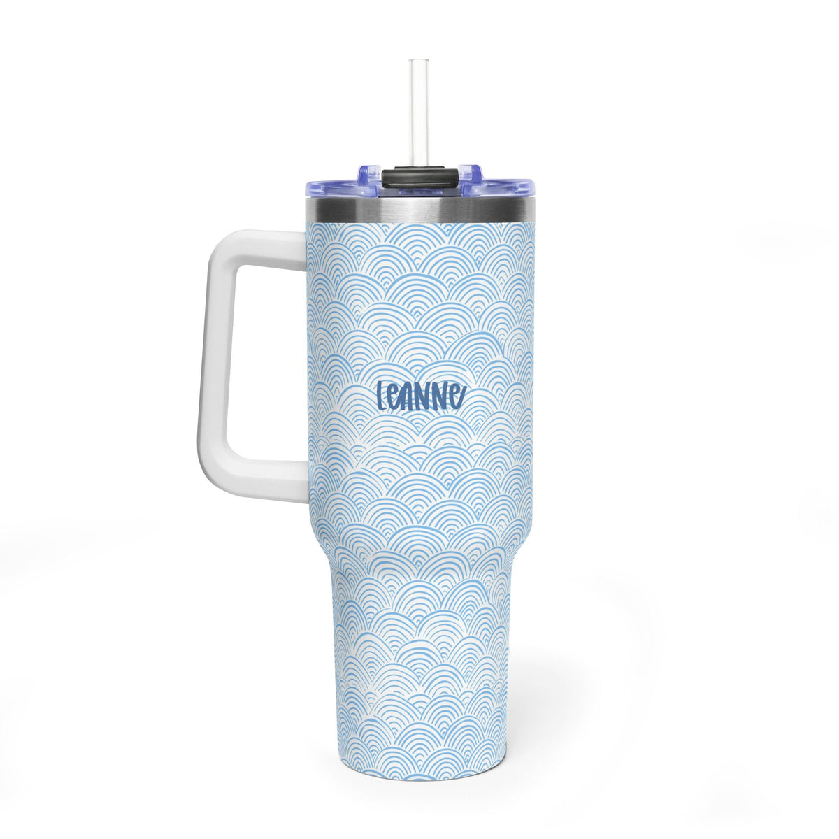 Personalized 40oz Tumbler with Handle - Blue Scallop Wave Custom Name