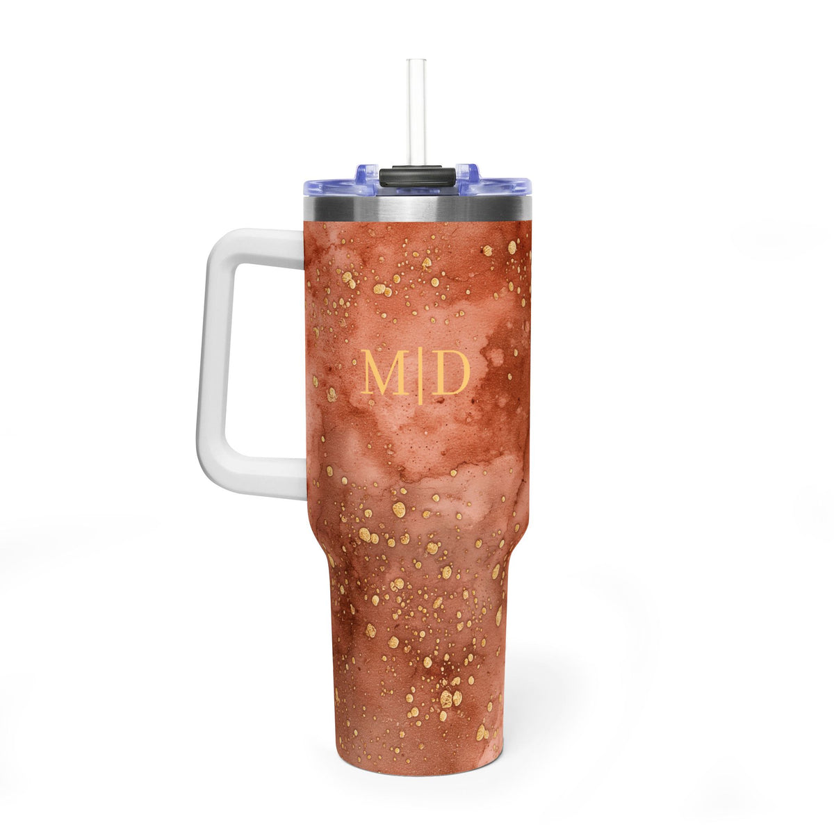 Personalized 40oz Tumbler with Handle - Rust Marble Custom Initials