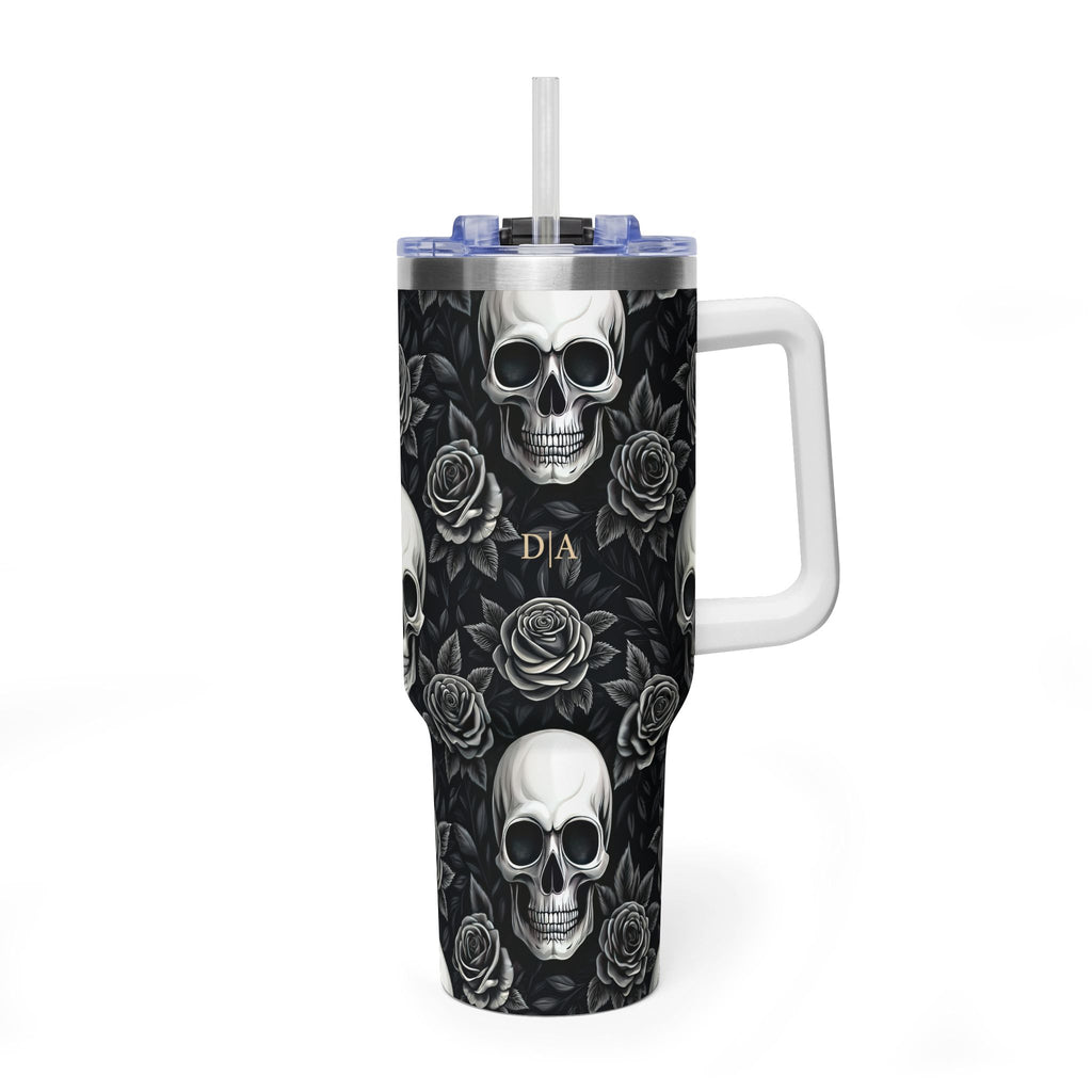 Personalized 40oz Tumbler with Handle - Gothic Skull Rose Custom Initials