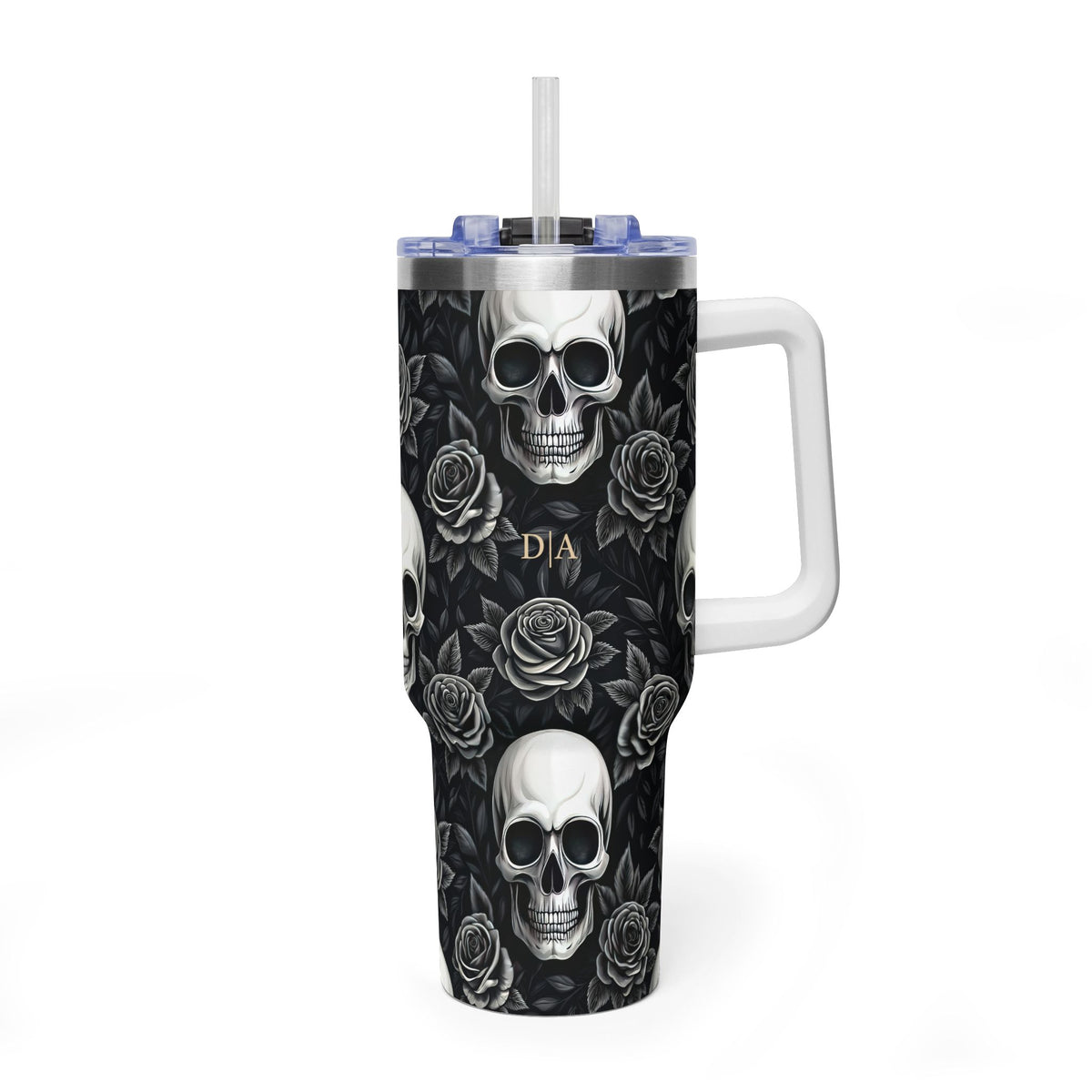 Personalized 40oz Tumbler with Handle - Gothic Skull Rose Custom Initials