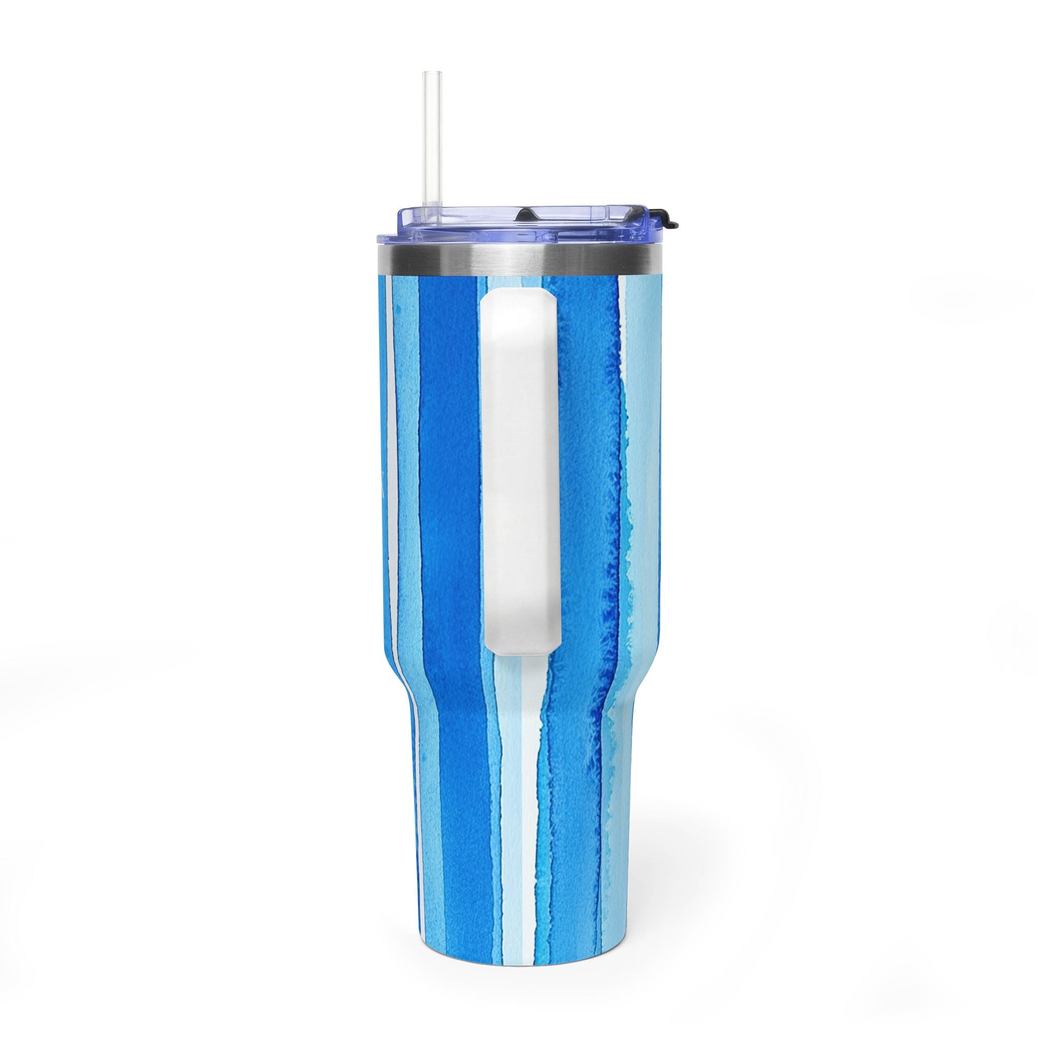 Personalized 40oz Tumbler with Handle - Blue Vertical Stripe Custom Initials
