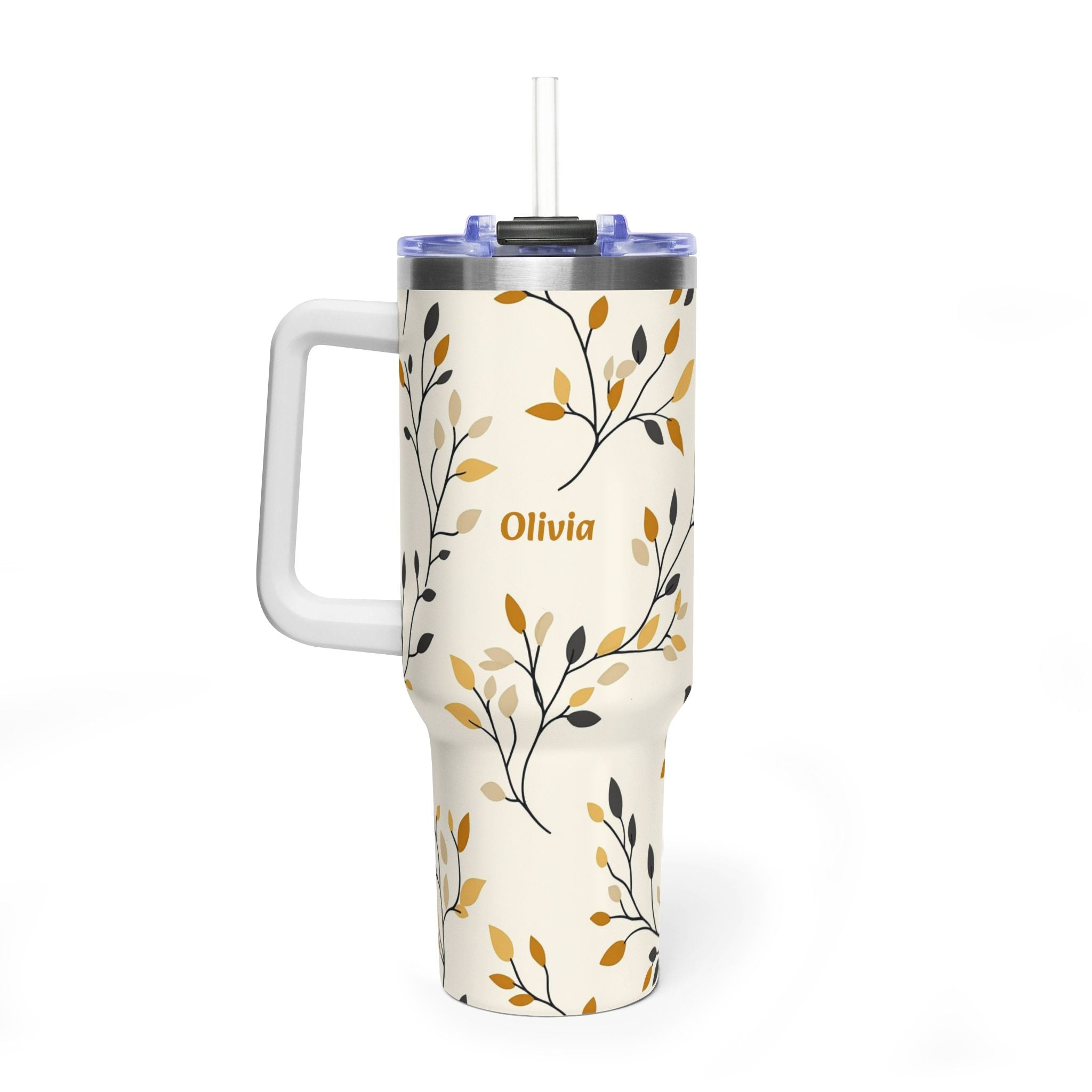 Personalized 40oz Tumbler with Handle - Autumn Leaf Branch Custom Name
