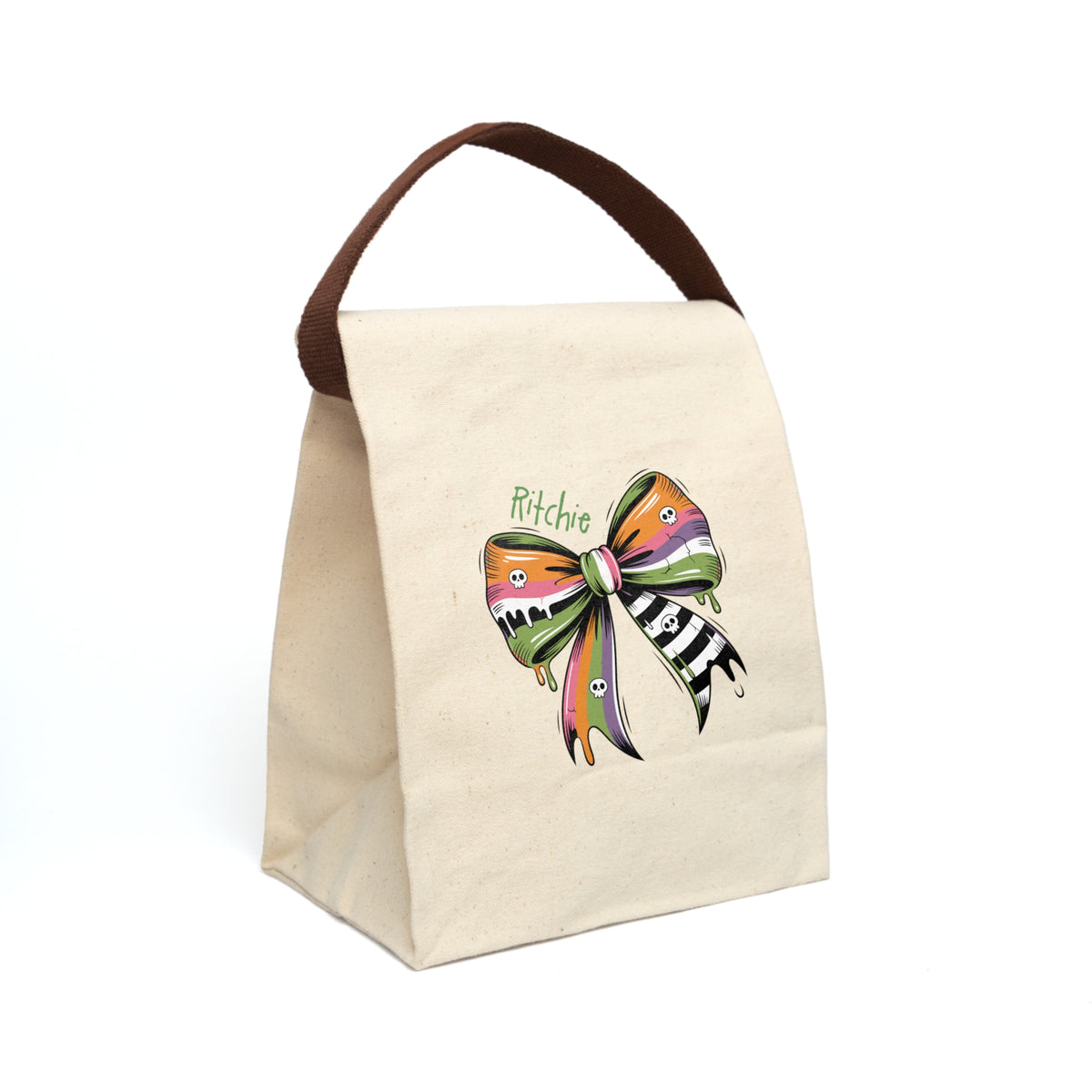 Personalized Halloween Skull Bow Canvas Lunch Bag - Orange Green