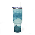 Personalized 40oz tumbler with teal watercolor mountain design, custom initials