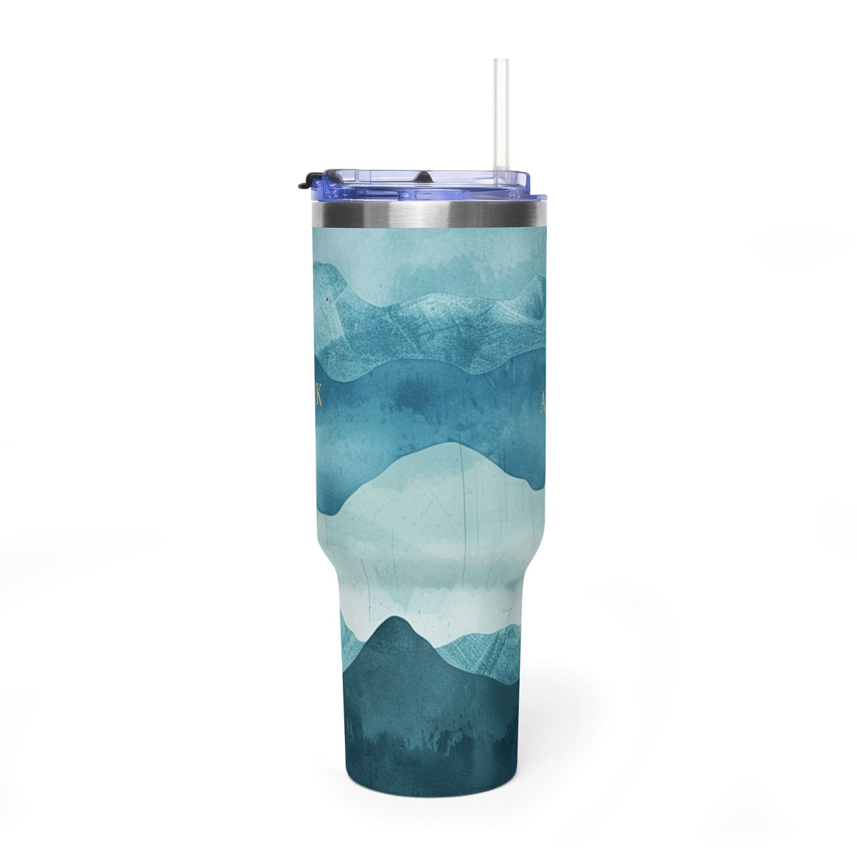 Personalized 40oz tumbler with teal watercolor mountain design, custom initials