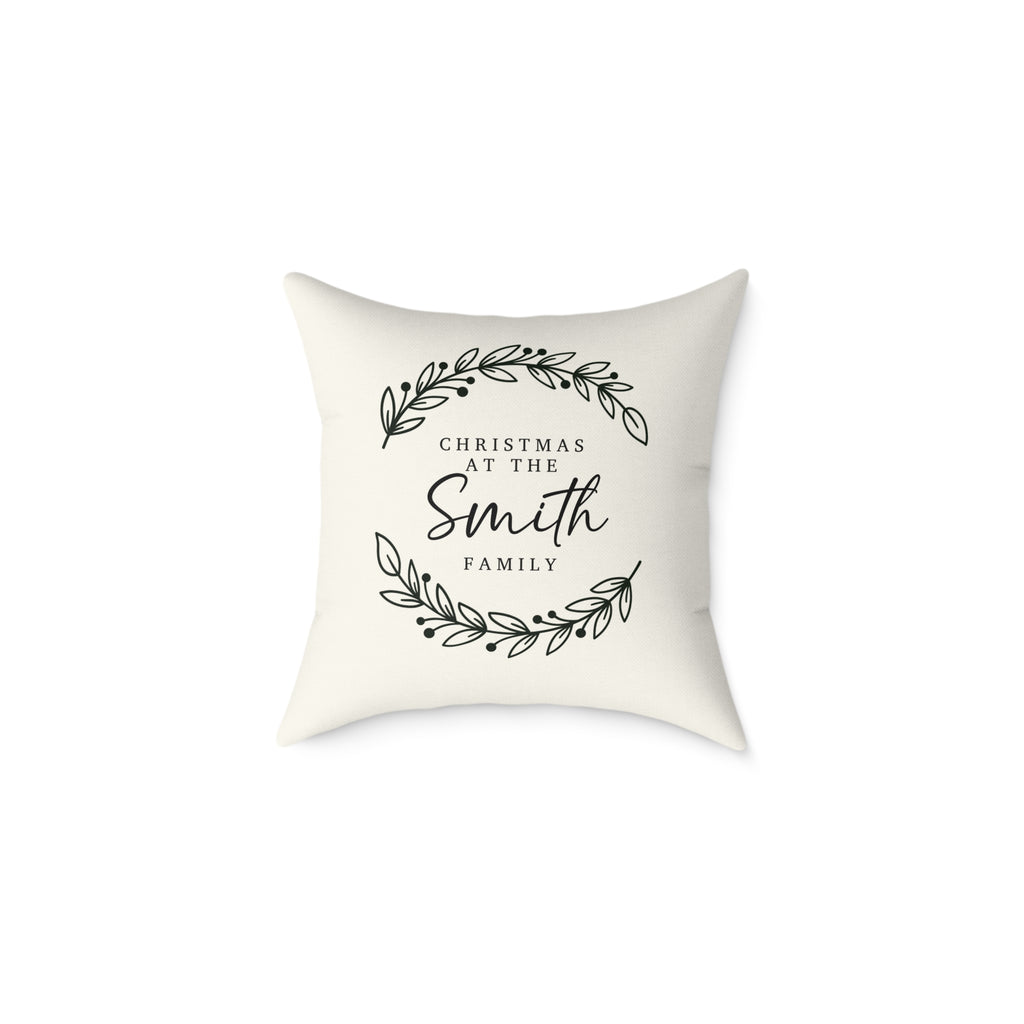 Personalized laurel branches family name Christmas pillow, product photo