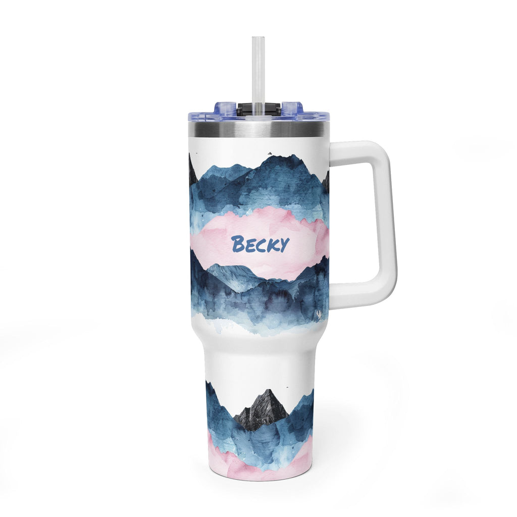 Personalized 40oz Tumbler with Handle - Blue Pink Mountain Custom Name