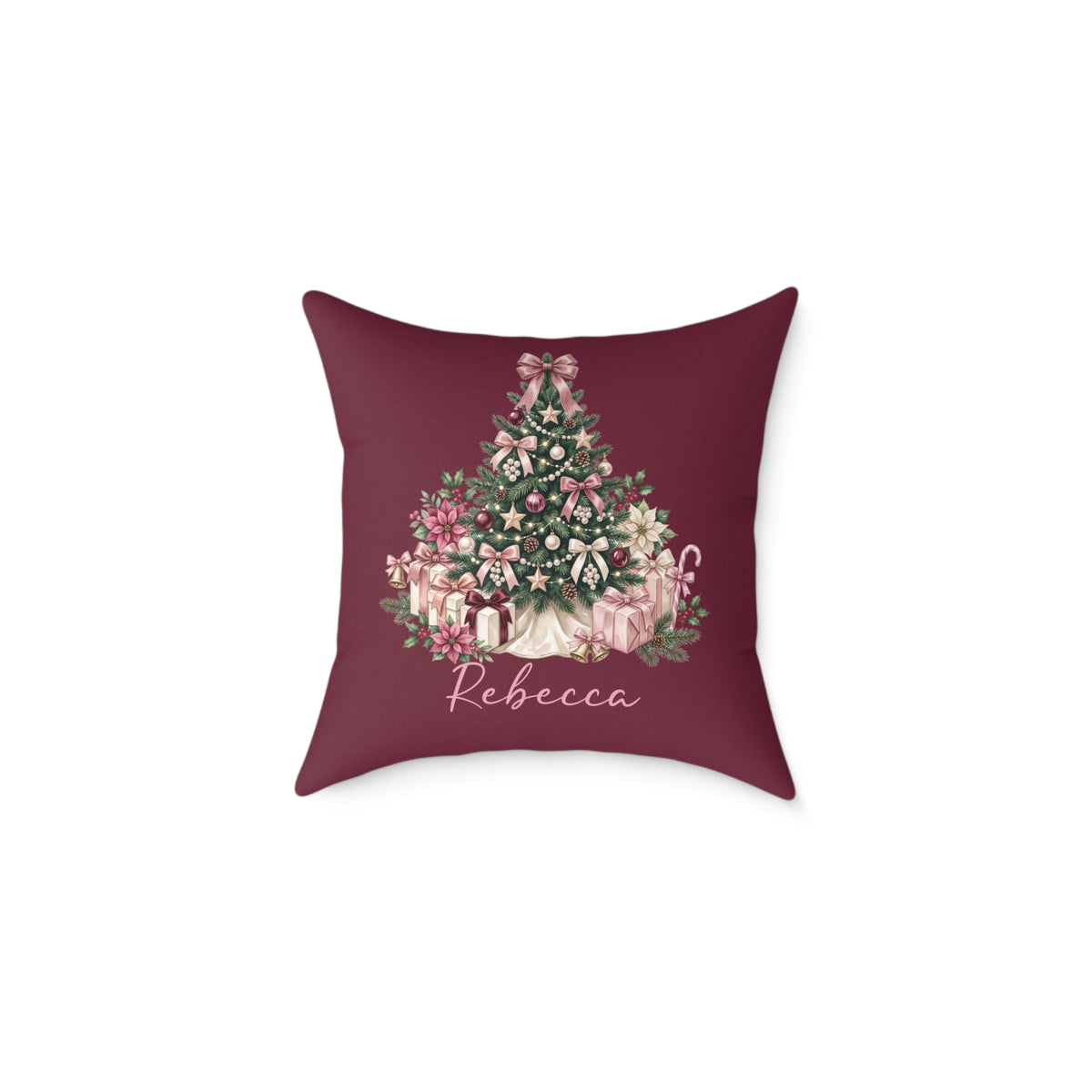 Personalized pink gift tree name pillow on burgundy, product photo