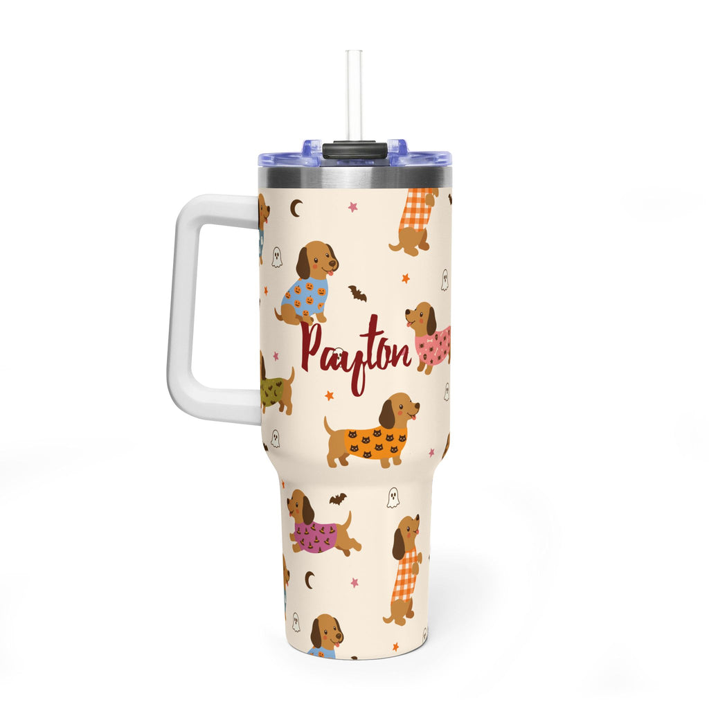 Personalized 40oz Tumbler with Handle - Halloween Dachshund Custom Name