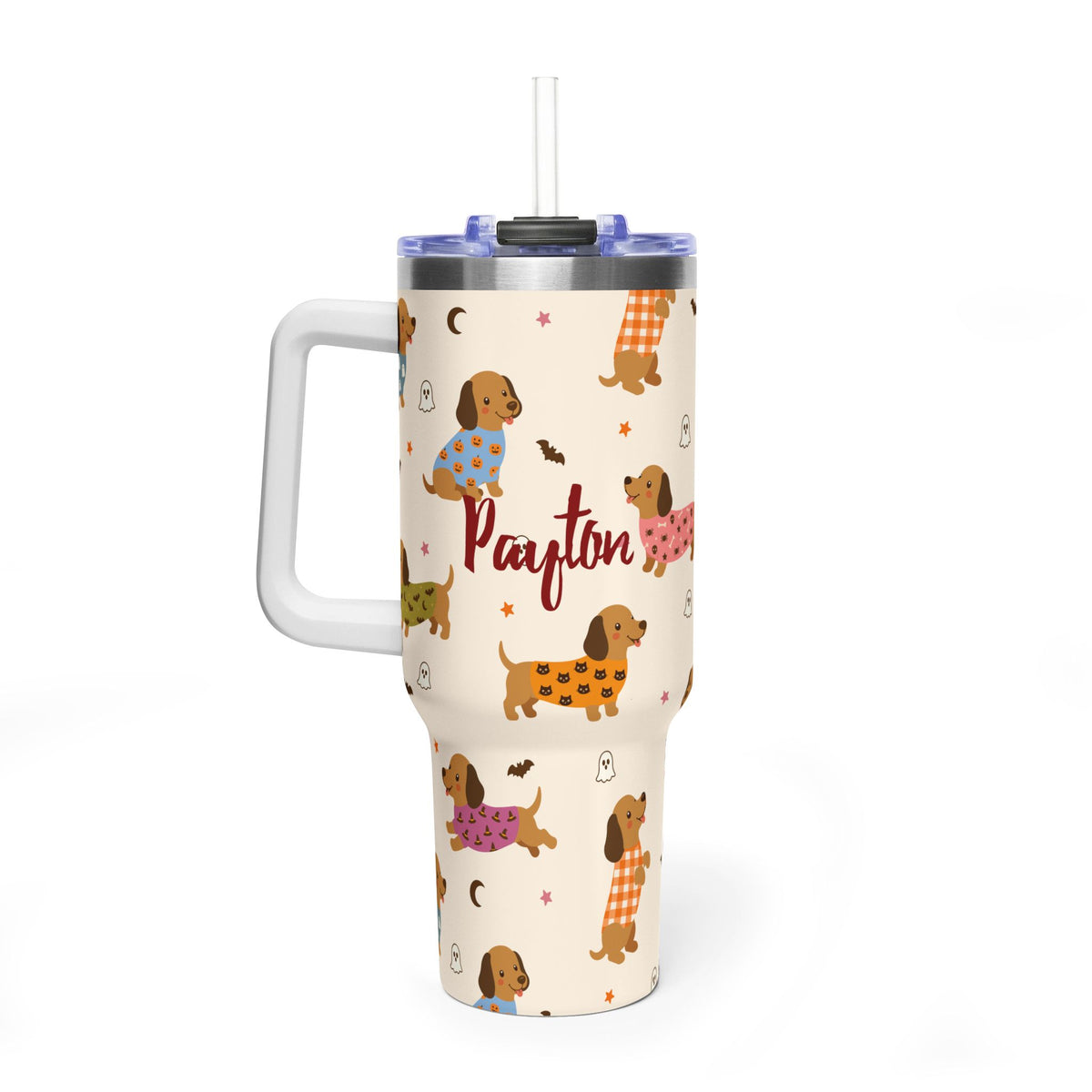 Personalized 40oz Tumbler with Handle - Halloween Dachshund Custom Name