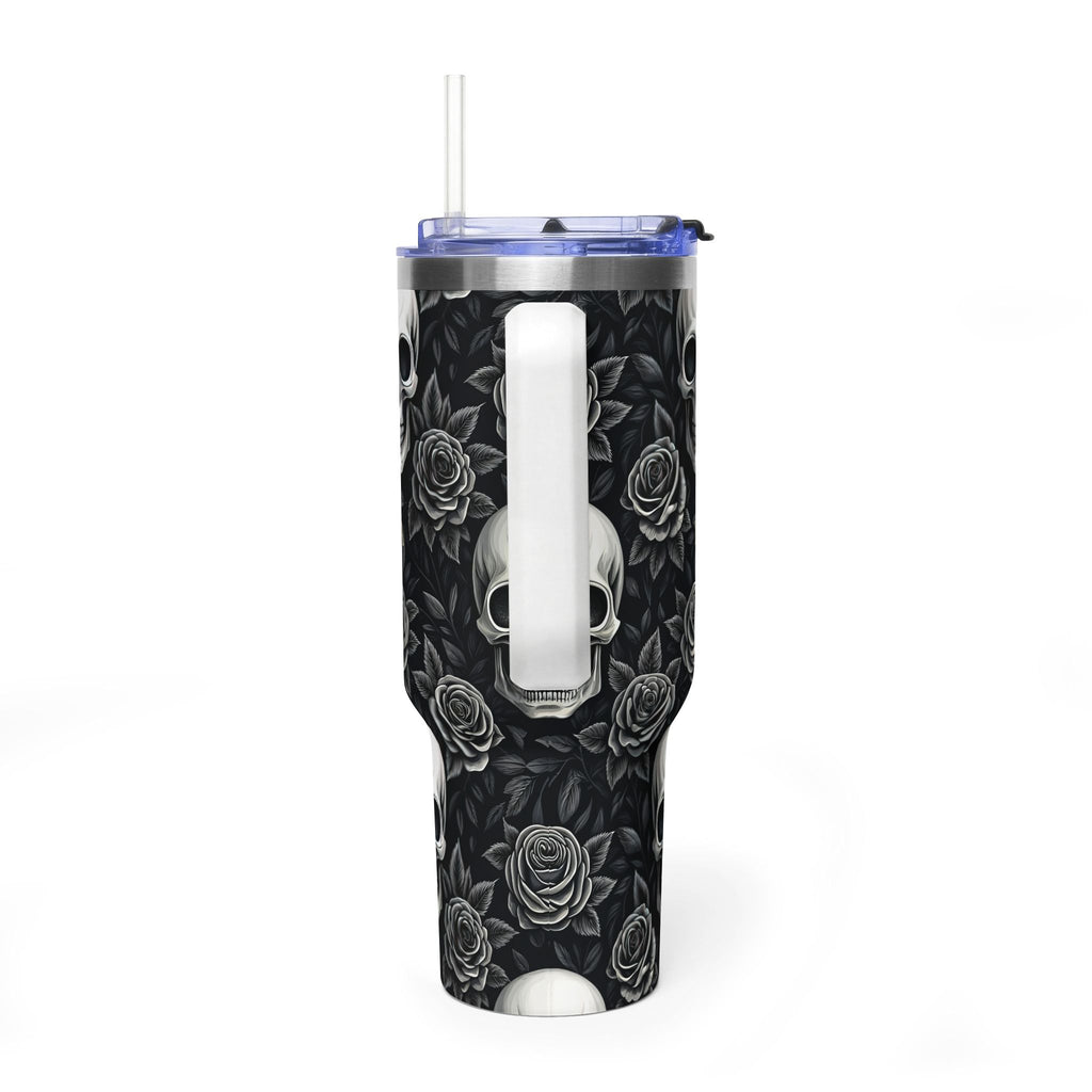 Personalized 40oz Tumbler with Handle - Gothic Skull Rose Custom Initials