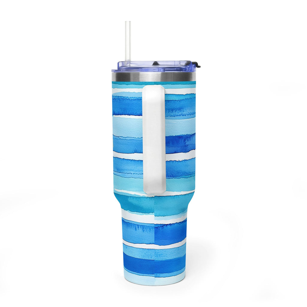Personalized 40oz Tumbler with Handle - Blue Stripe Custom Initials