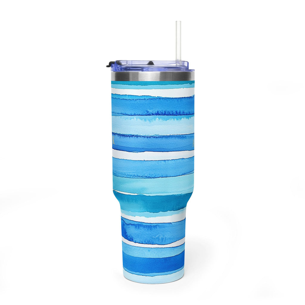 Personalized 40oz Tumbler with Handle - Blue Stripe Custom Initials