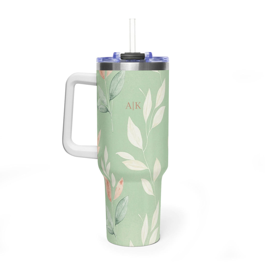 Personalized 40oz Tumbler with Handle - Sage Botanical Custom Initials