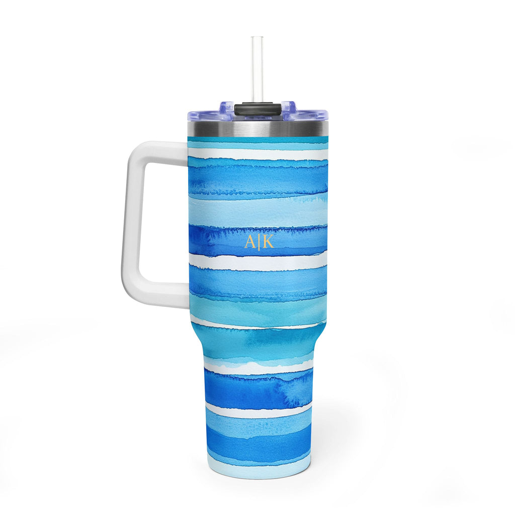 Personalized 40oz Tumbler with Handle - Blue Stripe Custom Initials