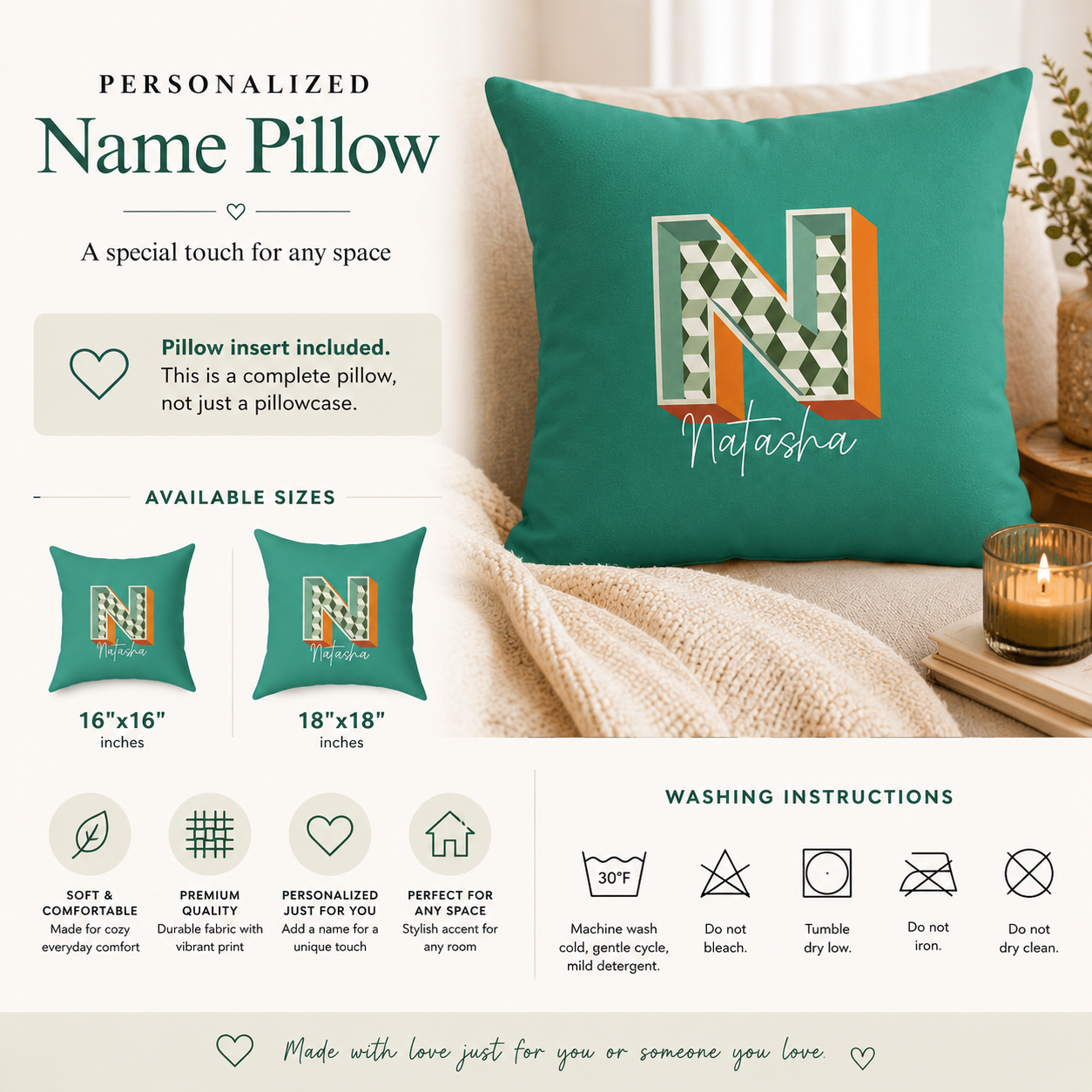 Personalized Initial N Pillow for Her - Custom Name Home Decor