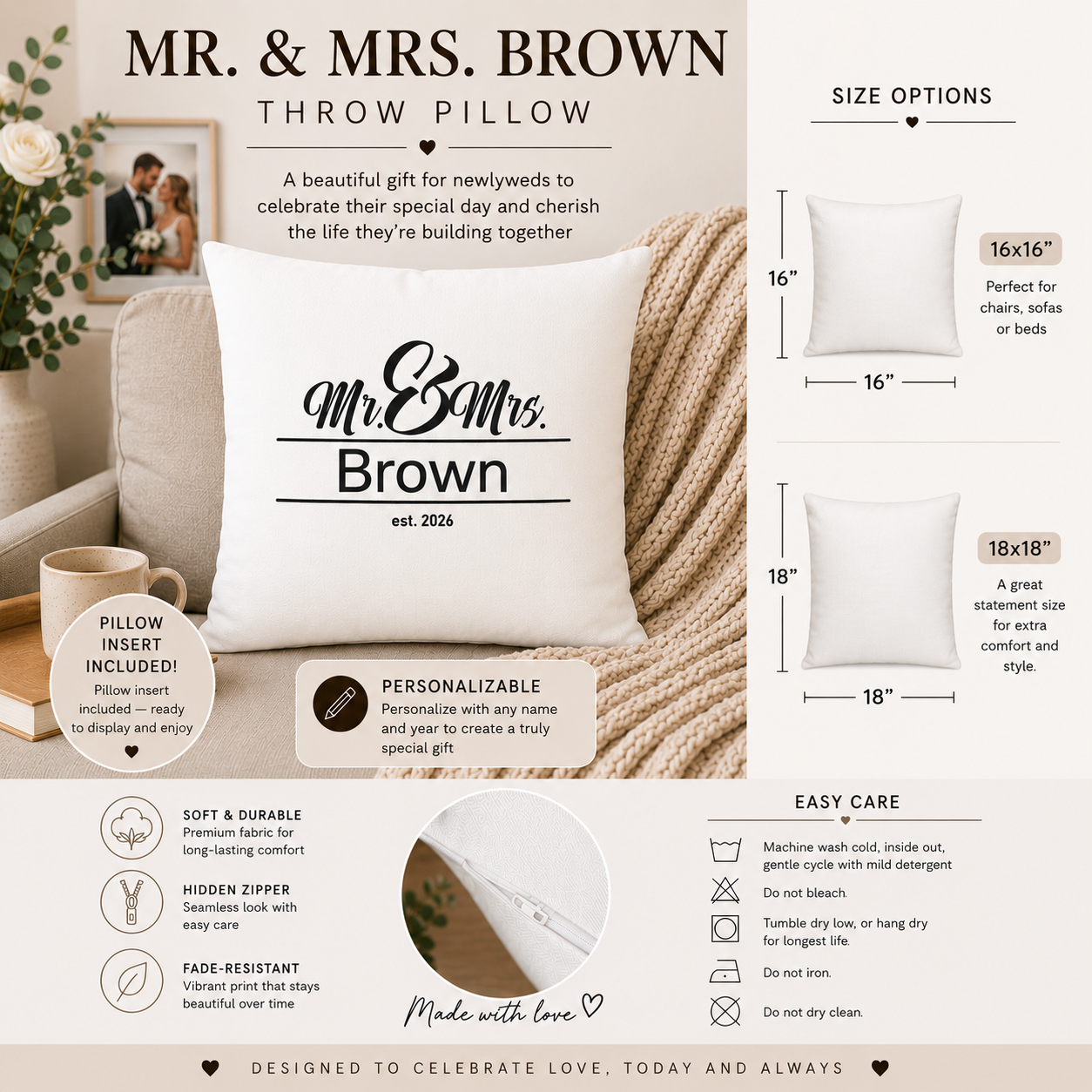 Personalized Mr and Mrs Pillow - Custom Last Name and Year Wedding Gift