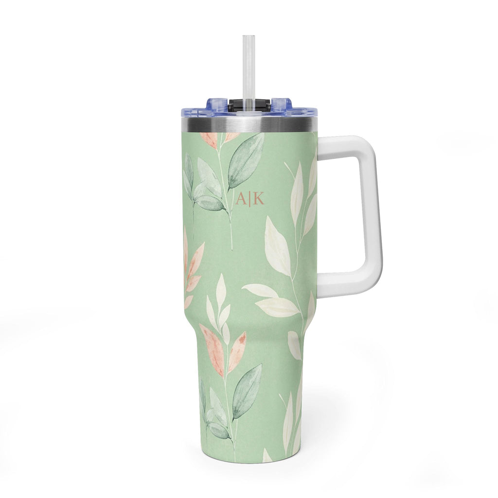 Personalized 40oz Tumbler with Handle - Sage Botanical Custom Initials