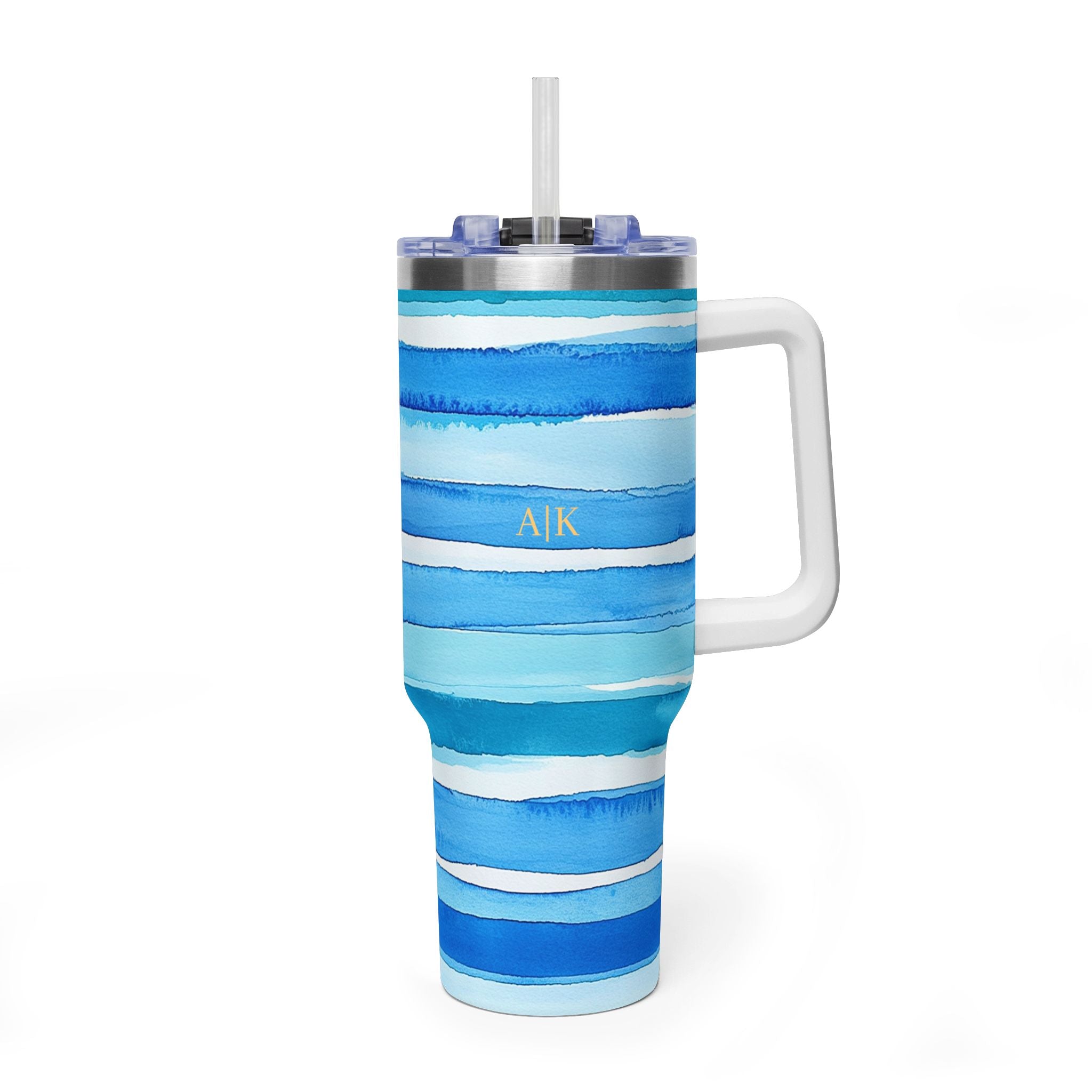 Personalized 40oz Tumbler with Handle - Blue Stripe Custom Initials