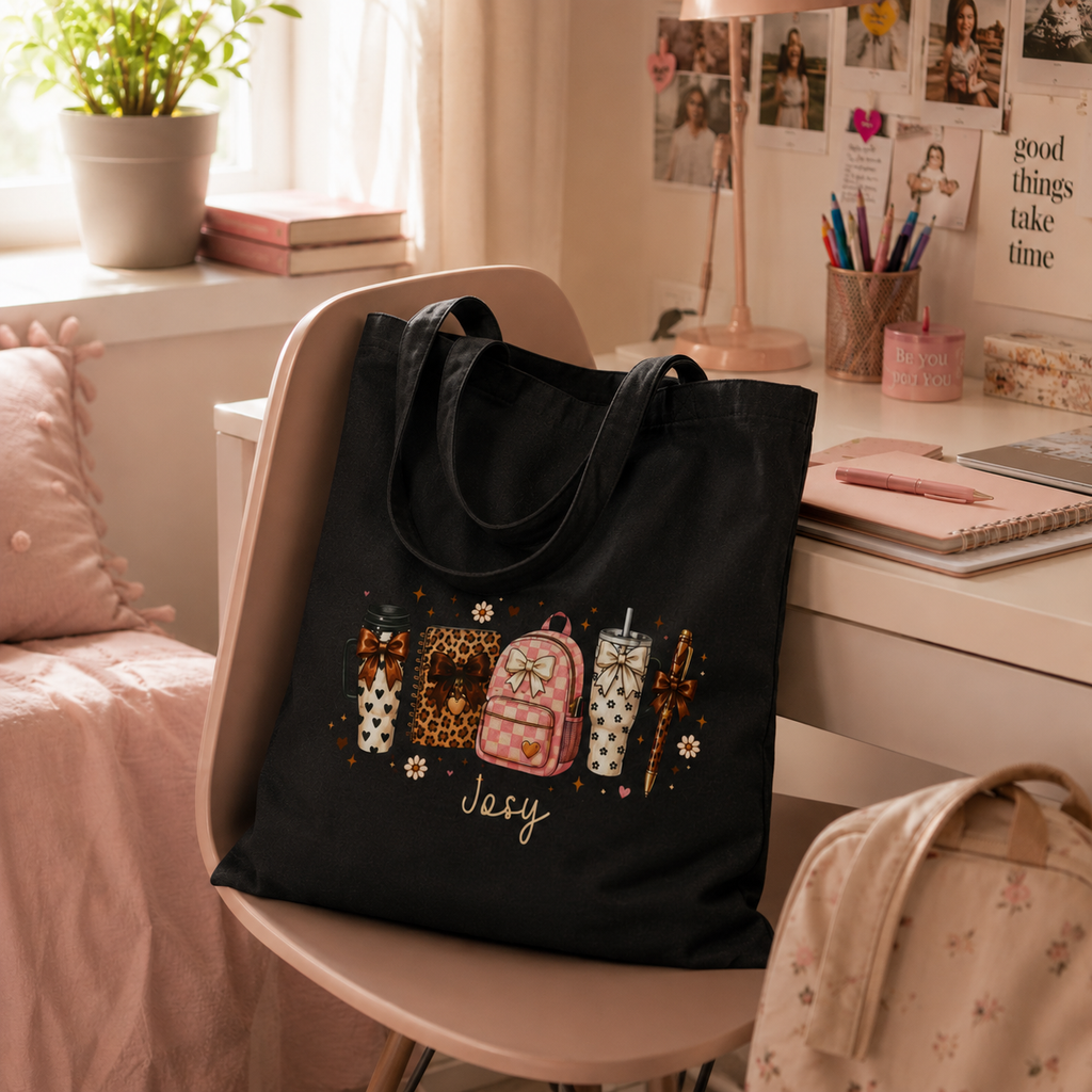 Personalized Stationery Tote Bag - Leopard Print Custom Name
