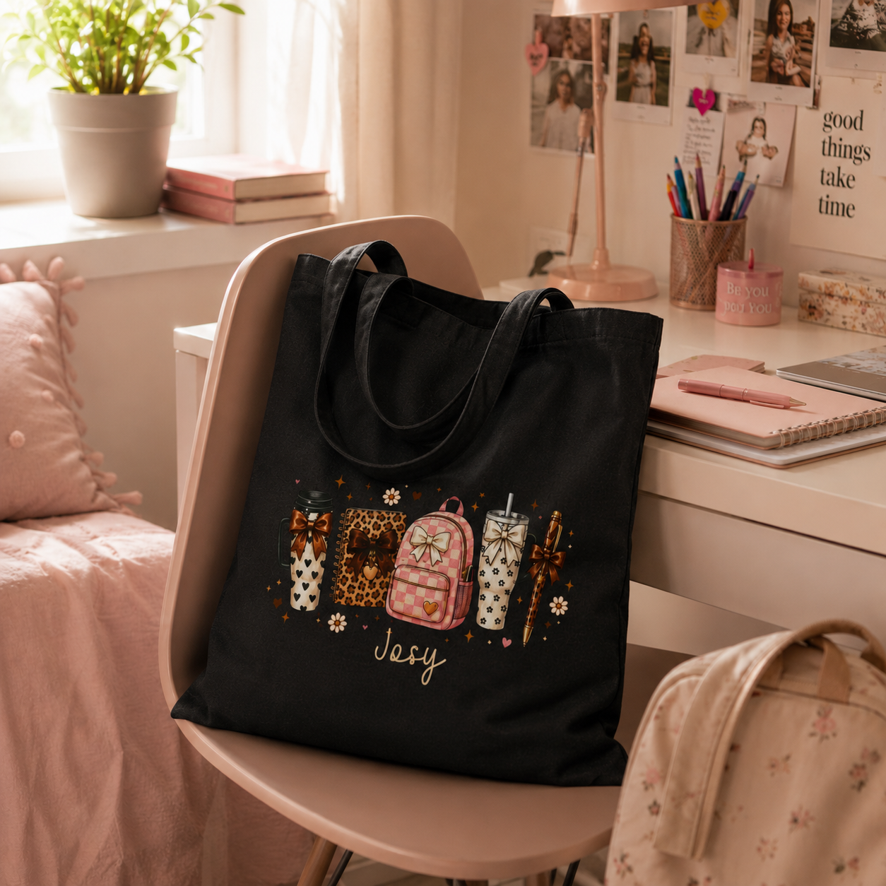 Personalized Stationery Tote Bag - Leopard Print Custom Name