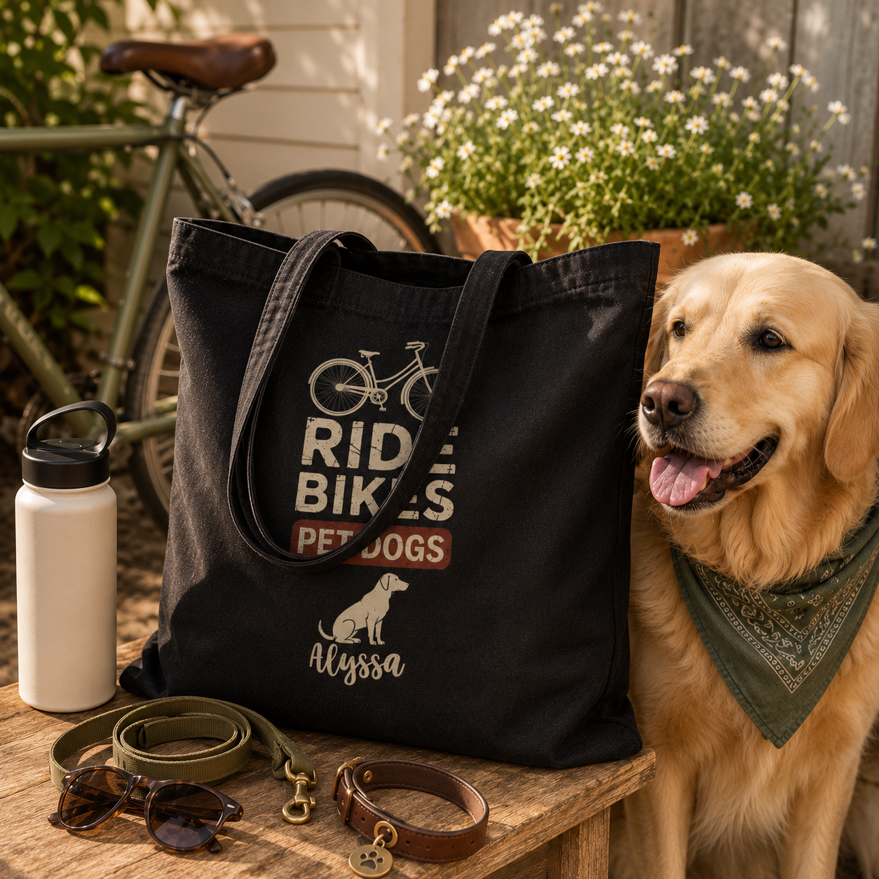 Personalized Dog Lover Tote Bag - Ride Bikes Pet Dogs Custom Name