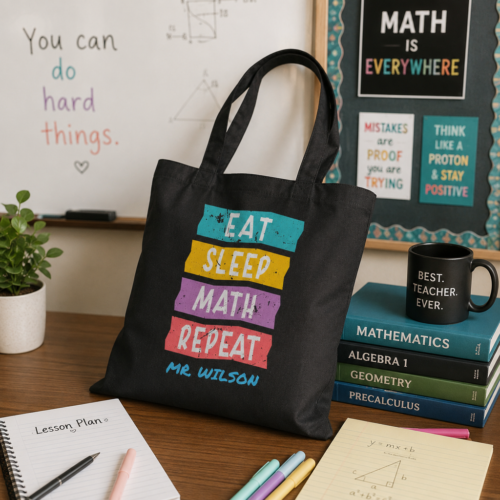 Personalized Math Teacher Tote Bag - Eat Sleep Math Repeat Custom Name