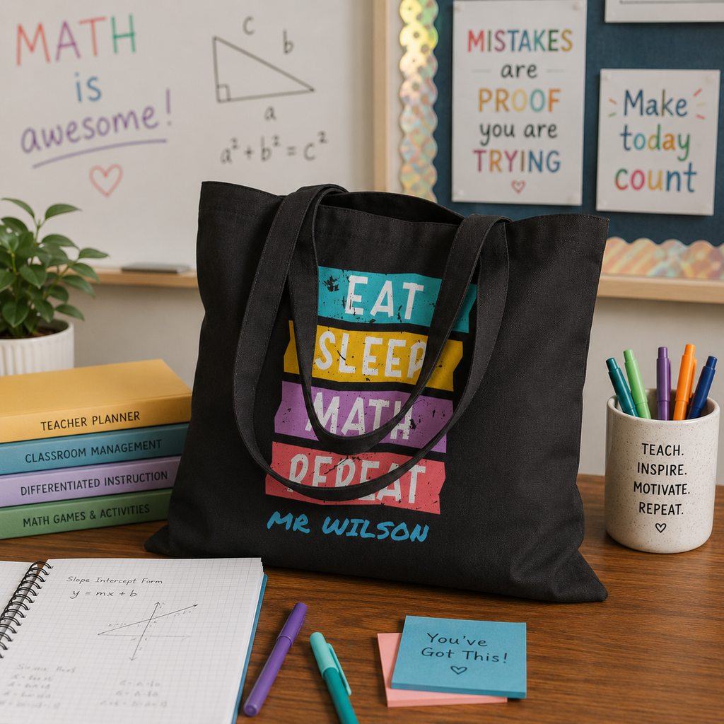 Personalized Math Teacher Tote Bag - Eat Sleep Math Repeat Custom Name