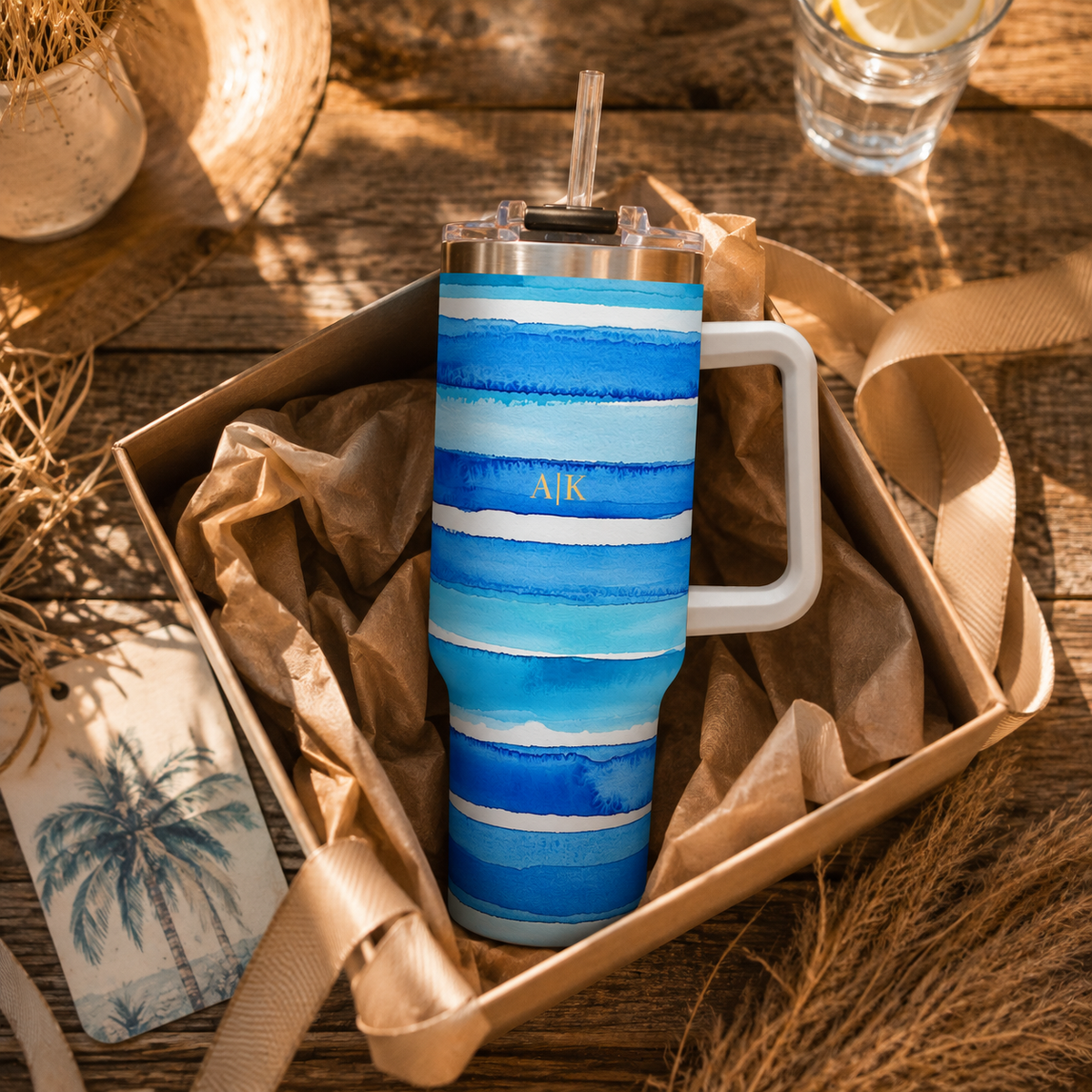 Personalized 40oz Tumbler with Handle - Blue Stripe Custom Initials