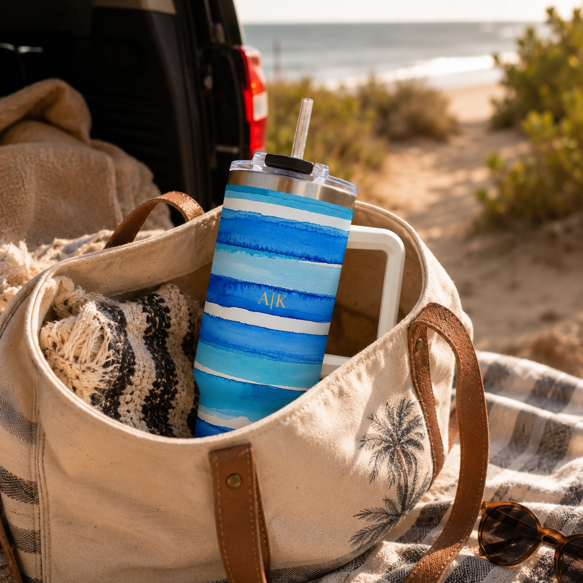 Personalized 40oz Tumbler with Handle - Blue Stripe Custom Initials