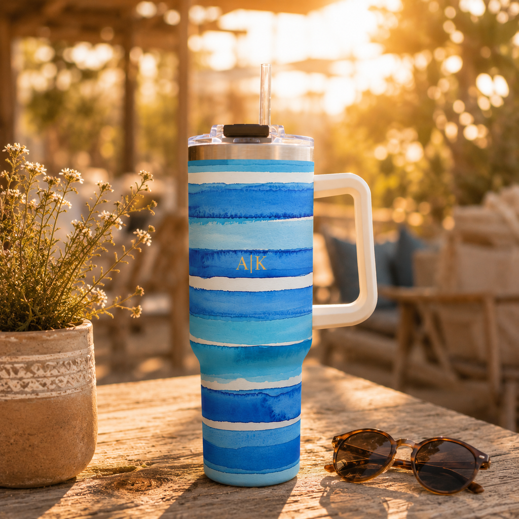 Personalized 40oz Tumbler with Handle - Blue Stripe Custom Initials