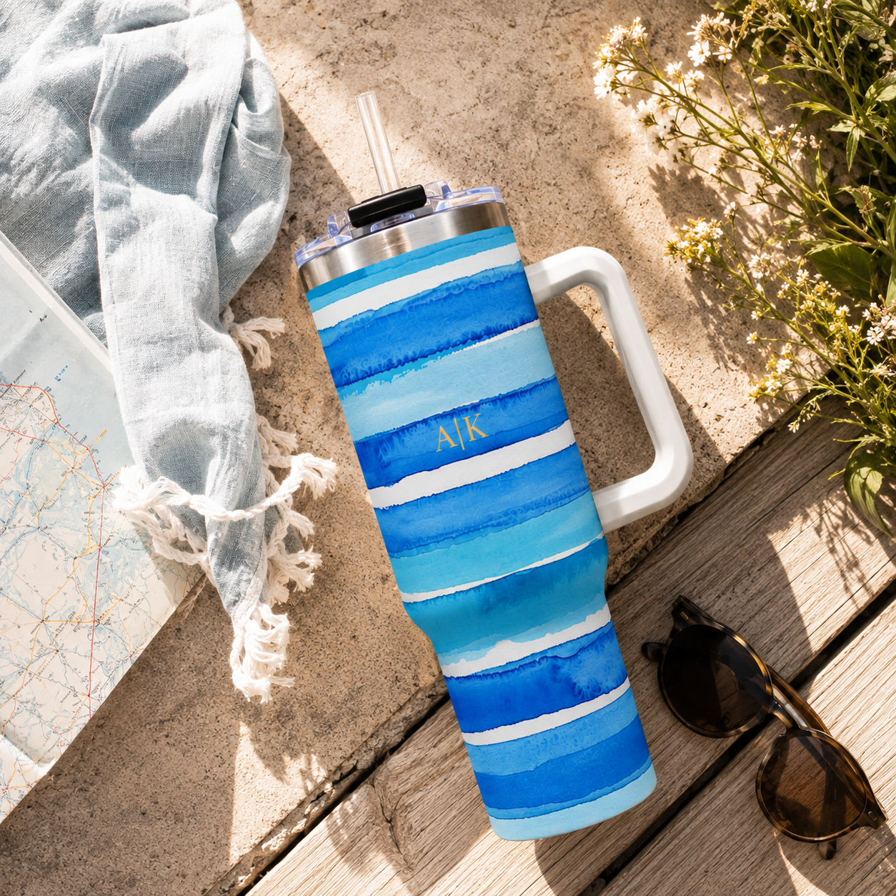 Personalized 40oz Tumbler with Handle - Blue Stripe Custom Initials
