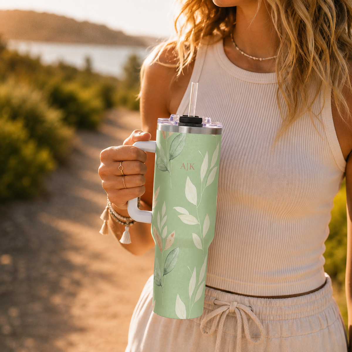Personalized 40oz Tumbler with Handle - Sage Botanical Custom Initials