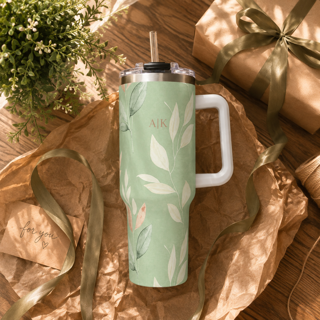 Personalized 40oz Tumbler with Handle - Sage Botanical Custom Initials
