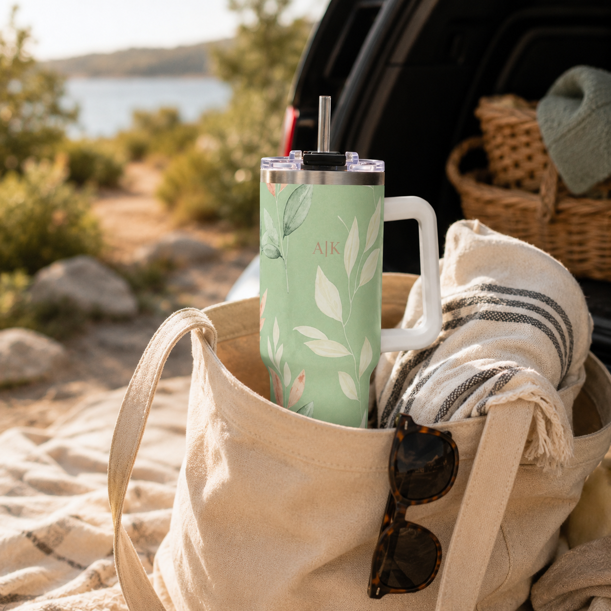 Personalized 40oz Tumbler with Handle - Sage Botanical Custom Initials