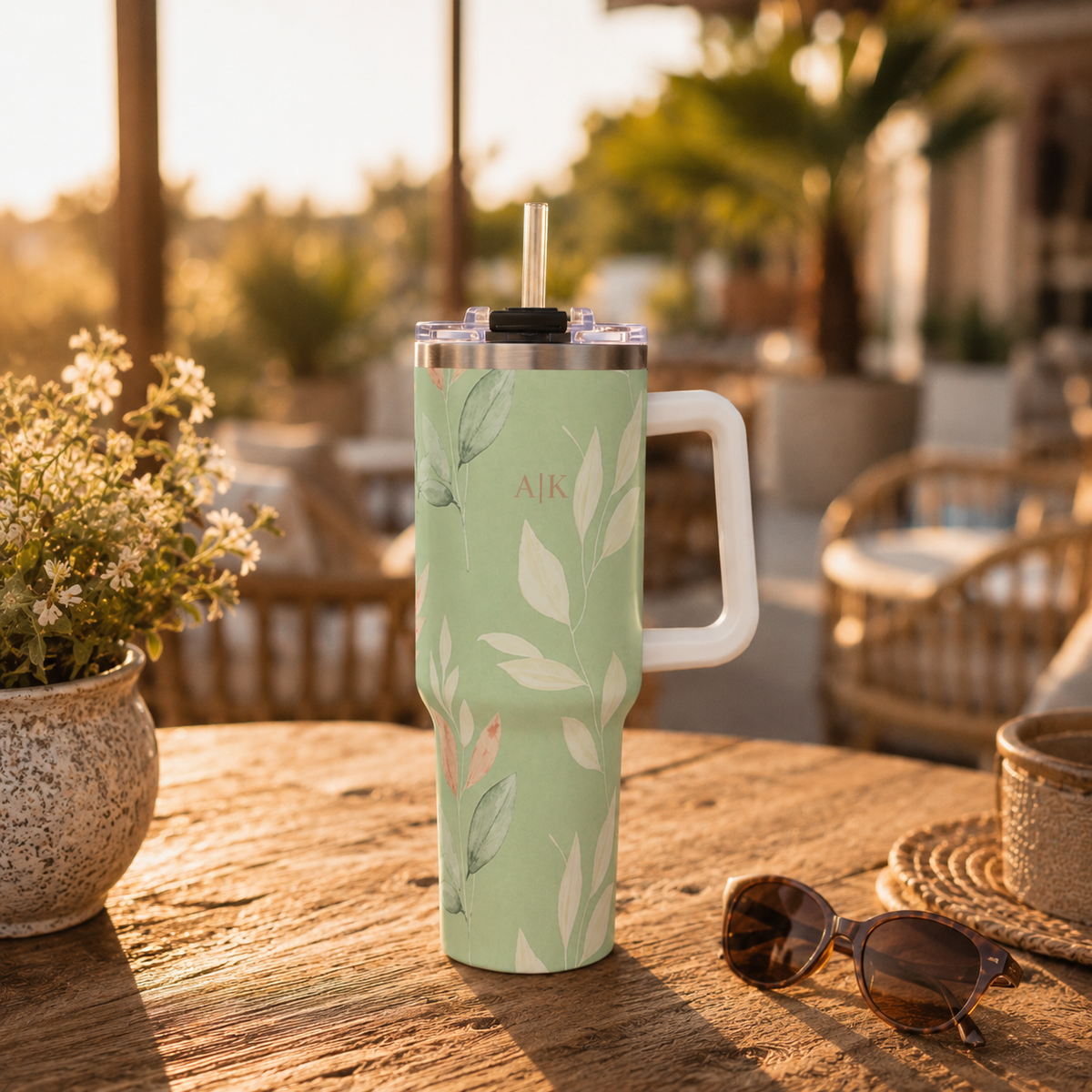 Personalized 40oz Tumbler with Handle - Sage Botanical Custom Initials
