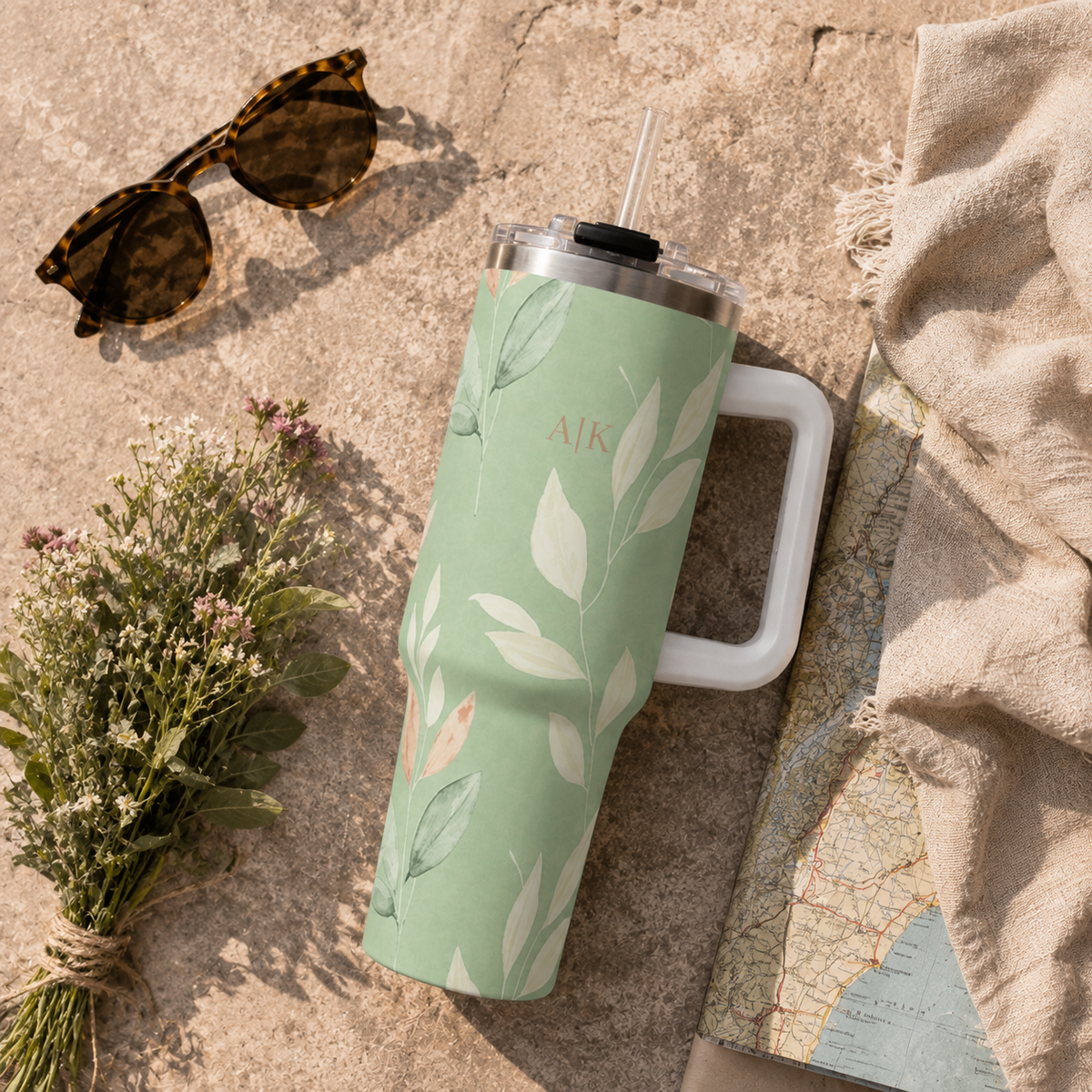 Personalized 40oz Tumbler with Handle - Sage Botanical Custom Initials