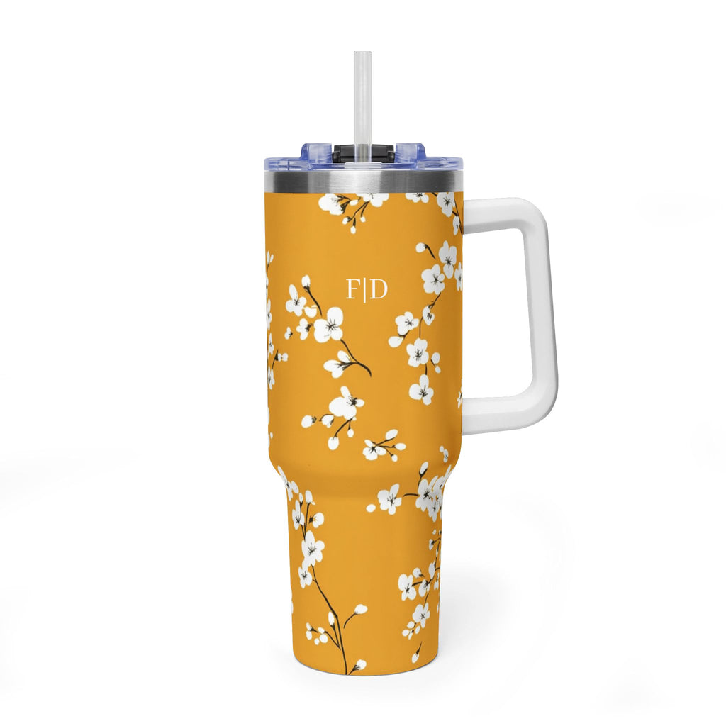 Personalized 40oz Tumbler with Handle - Mustard Cherry Blossom Custom Initials