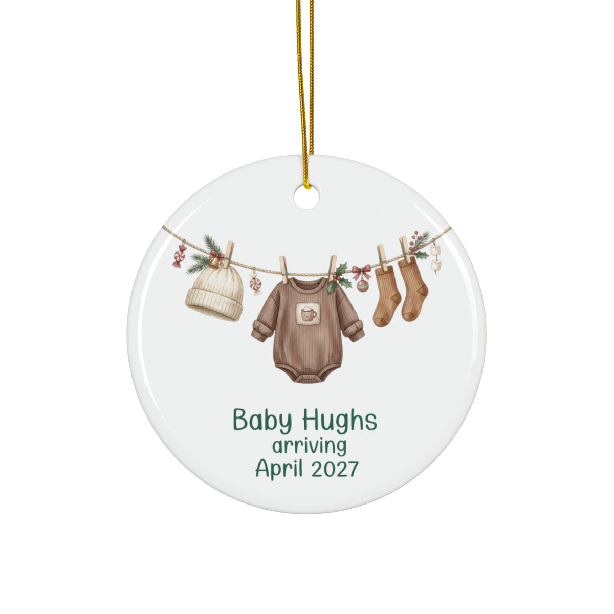 Personalized gender neutral baby arriving Christmas ornament with brown bodysuit, knit hat and socks on a garland, family name and due date