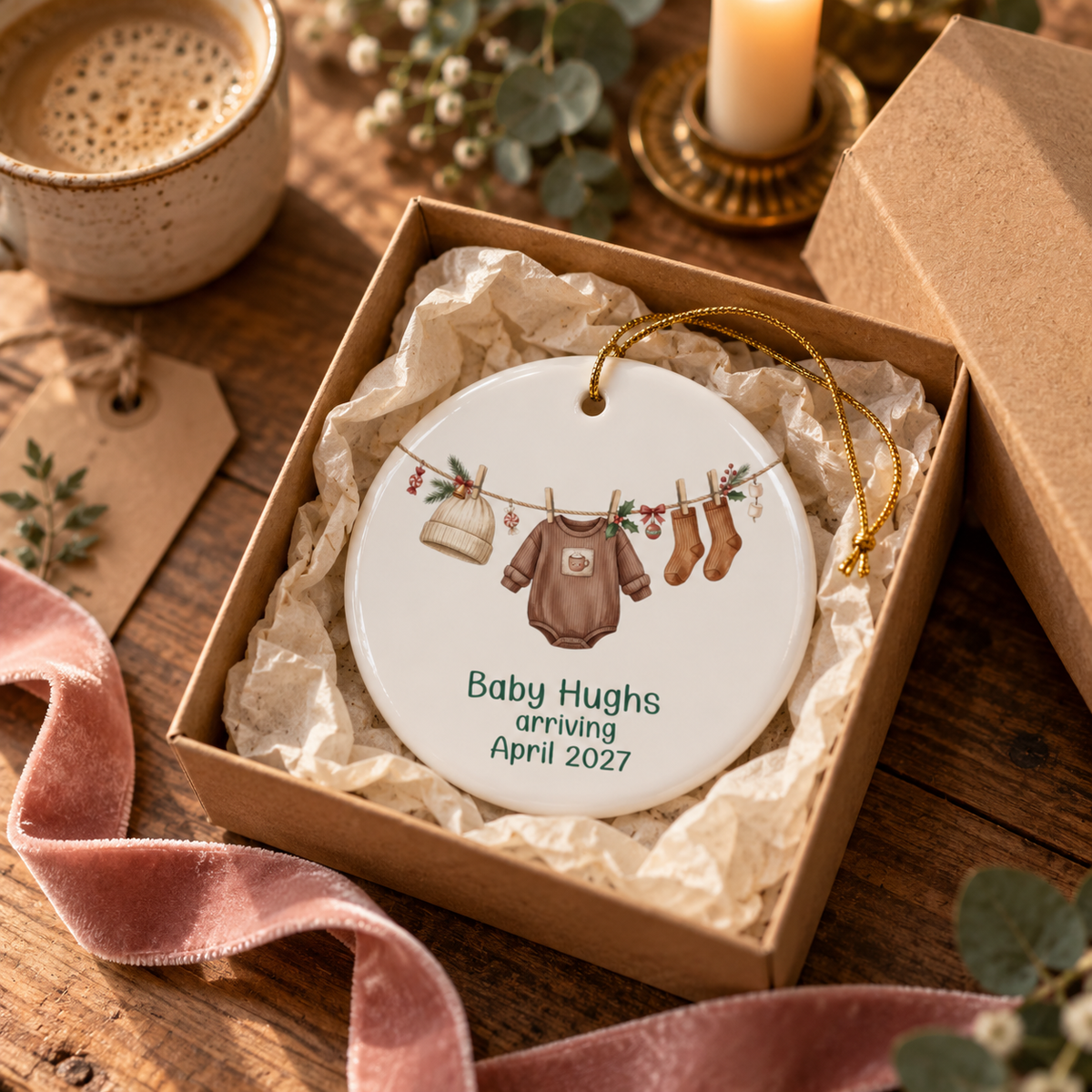 Personalized brown bodysuit baby arriving ornament in a kraft gift box with tissue paper